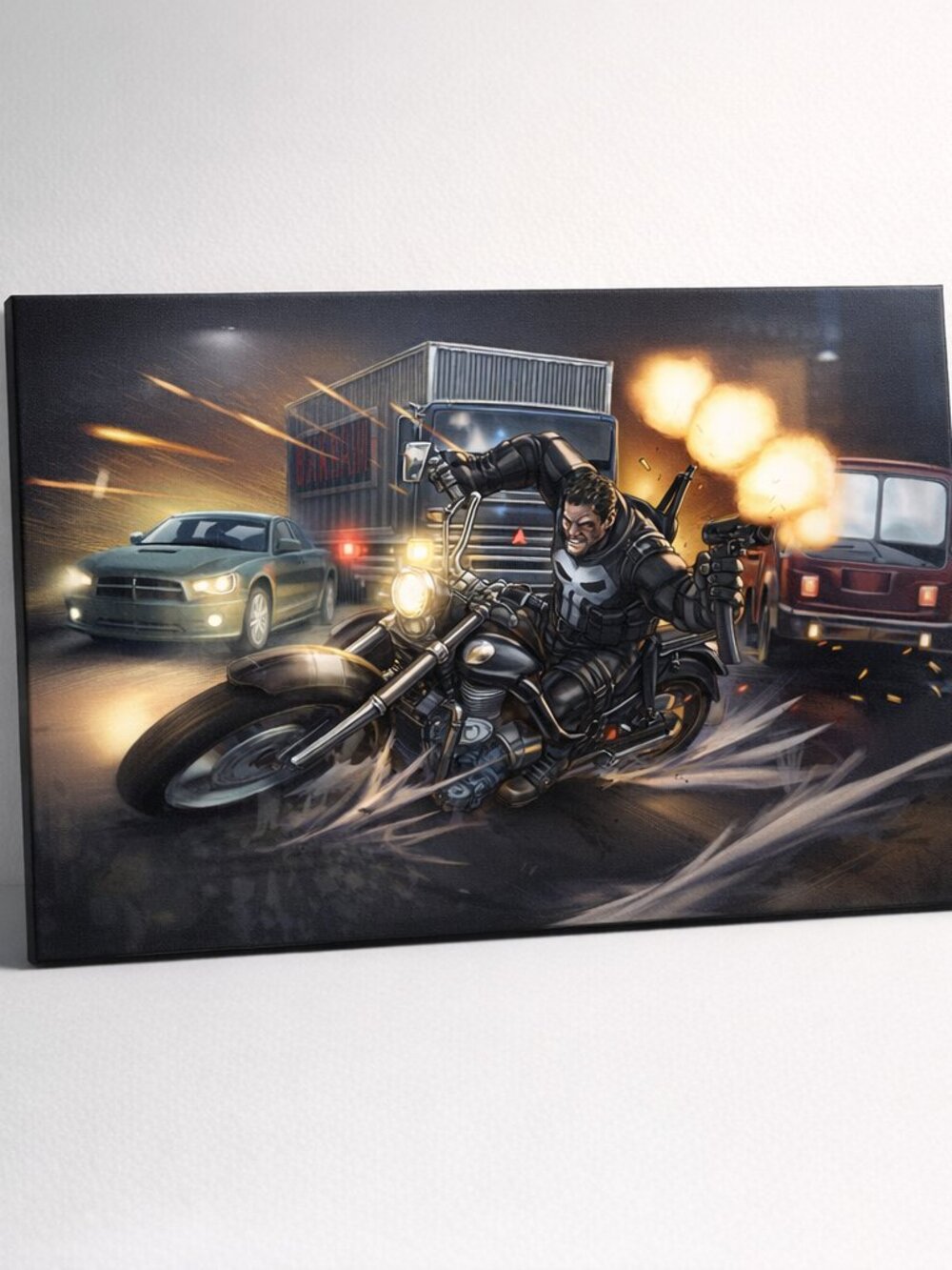 Punisher Motorcycle Chase Canvas Print Marvel Unframed | Wall Art | Man Cave